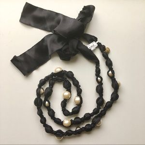 J. CREW Faux Pearl Ribbon Tied Long Necklace Black